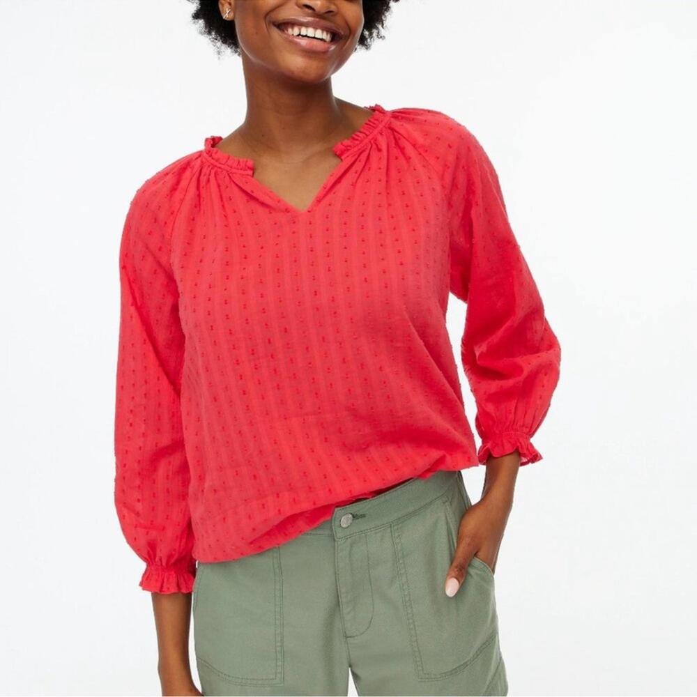 J.CREW Scarlet Red Textured Cotton Blouse with Ruffle Neckline – Size Small